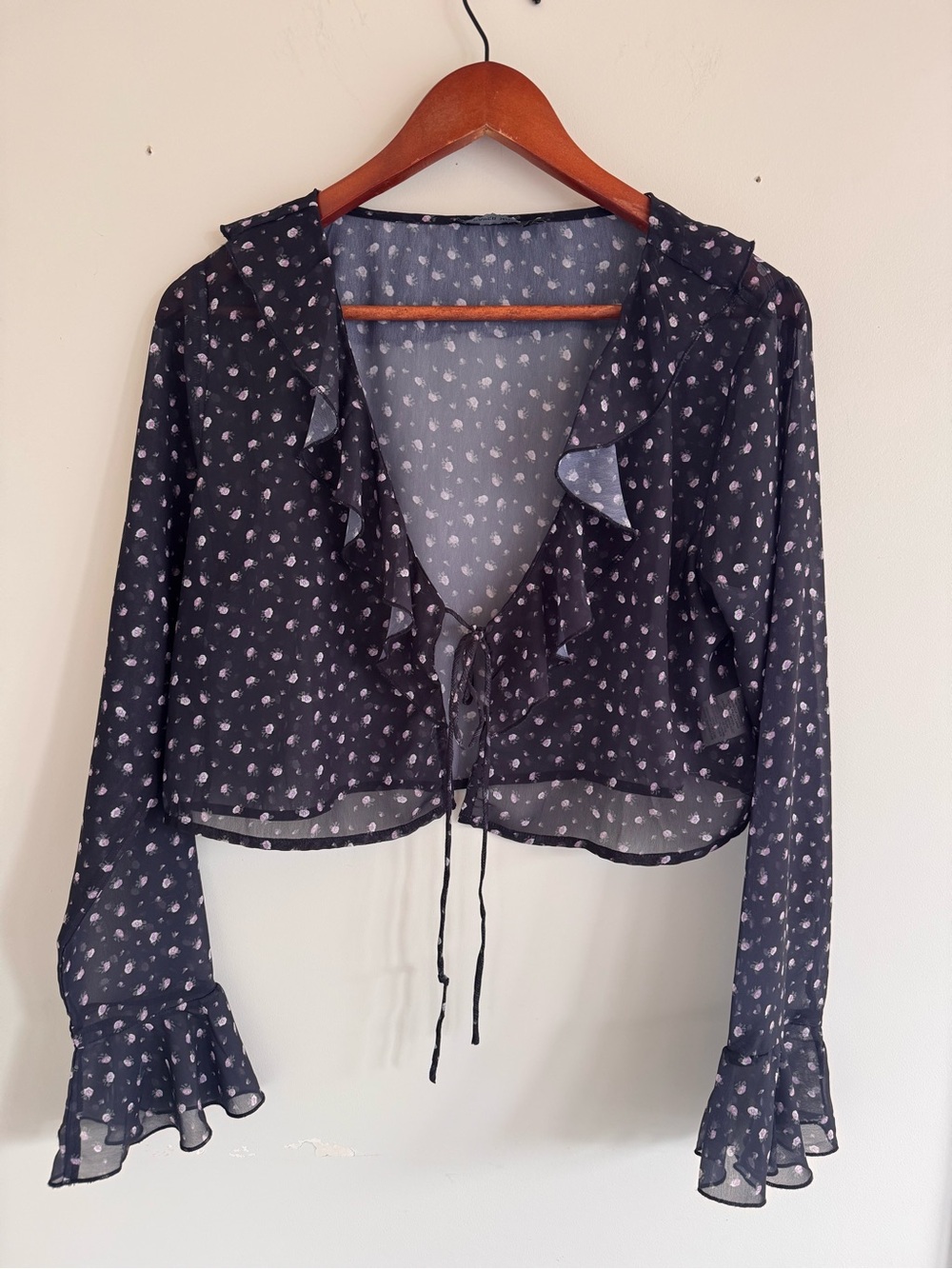 Papermoon Black Sheer Ruffle Tie-Front Blouse with Pink Dot Print